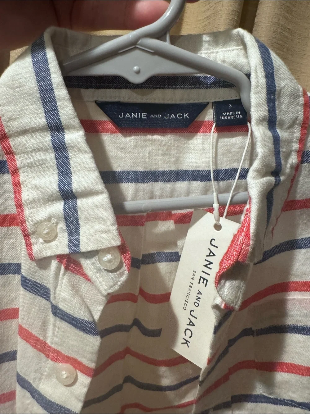 Janie and Jack White Short-Sleeve Shirt with Red & Blue Stripes- NWT